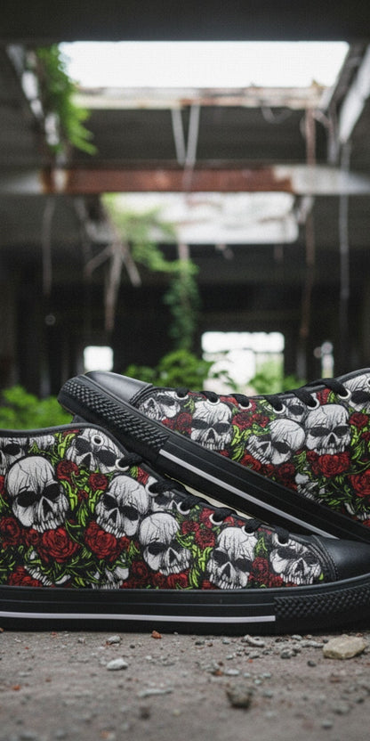 Men's Skulls & Roses custom high-top canvas shoes — wearable art by Freaky Shoes