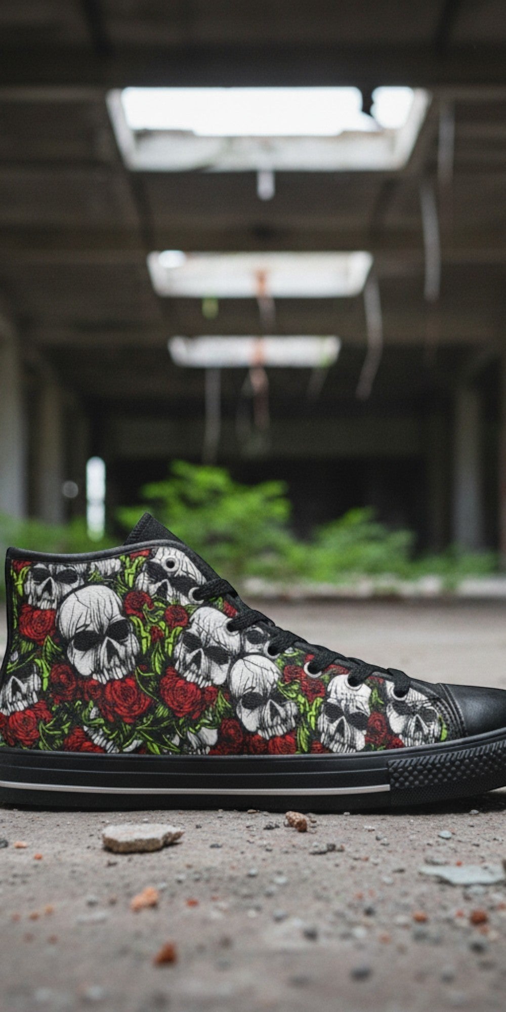 Men's Skulls & Roses hand-made high-top canvas shoes — unique wearable art by Freaky Shoes