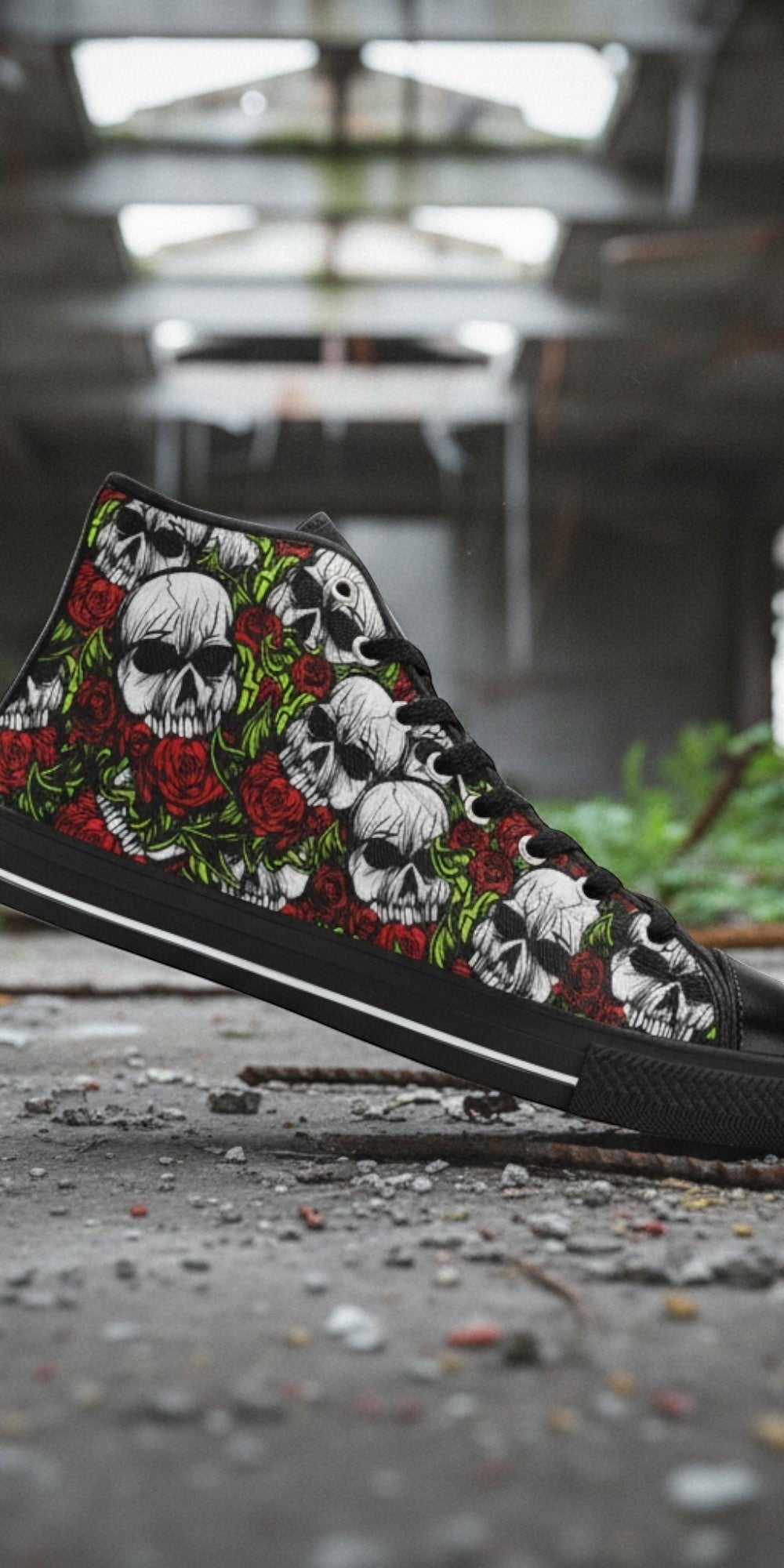 Men's Skulls & Roses hand-made high-top canvas shoes — unique wearable art by Freaky Shoes