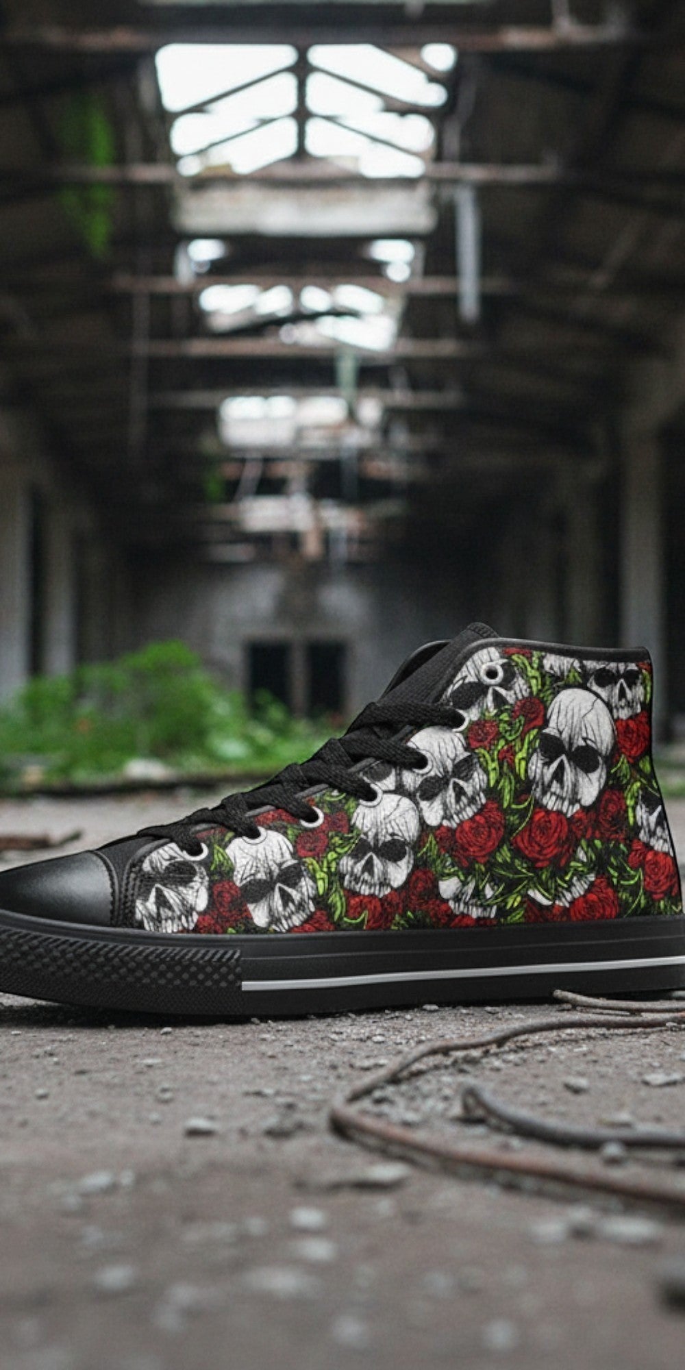 Custom Men's Skulls & Roses high-top canvas shoes with bold all-over art — Freaky Shoes