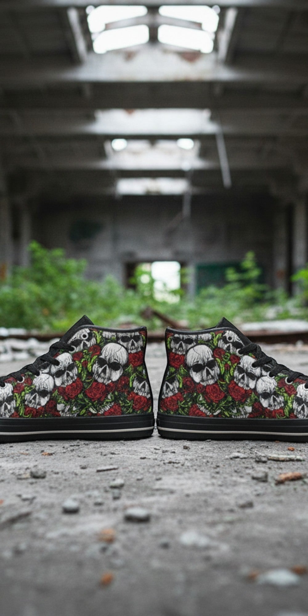 Men's Skulls & Roses custom high-top canvas shoes — wearable art by Freaky Shoes