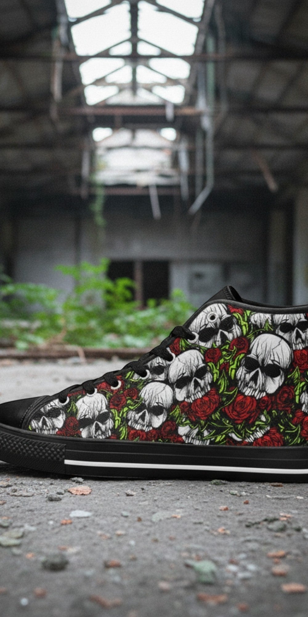 Men's Skulls & Roses high-top canvas shoes — one-of-a-kind custom printed art, Freaky Shoes