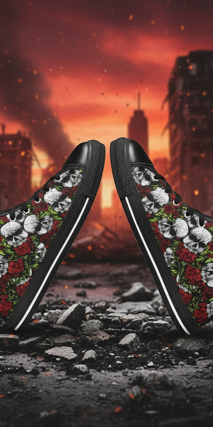 Custom Women's Skulls & Roses high-top canvas shoes with bold all-over art — Freaky Shoes
