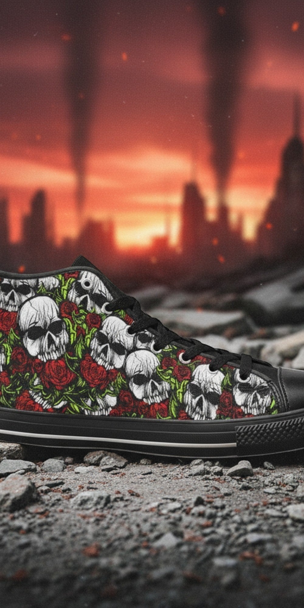 Women's Skulls & Roses high-top canvas shoes, custom full-wrap printed design — Freaky Shoes