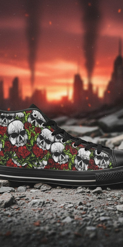 Women's Skulls & Roses high-top canvas shoes, custom full-wrap printed design — Freaky Shoes