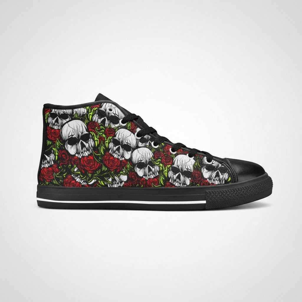 Freaky Shoes® women's high-top canvas sneakers featuring a bold black, white, and red skulls and roses print.