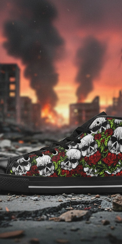 Women's Skulls & Roses hand-made high-top canvas shoes — unique wearable art by Freaky Shoes