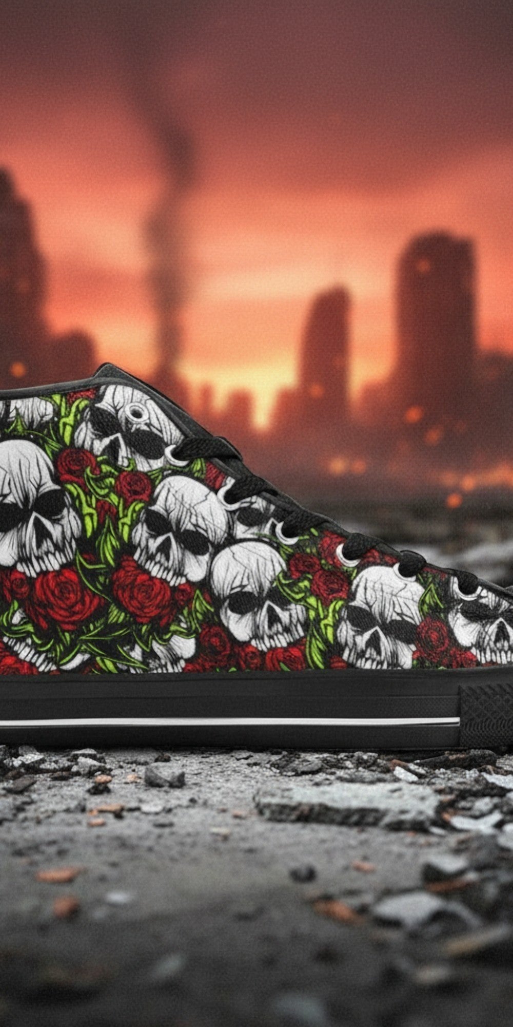Women's Skulls & Roses high-top canvas shoes — one-of-a-kind custom printed art, Freaky Shoes