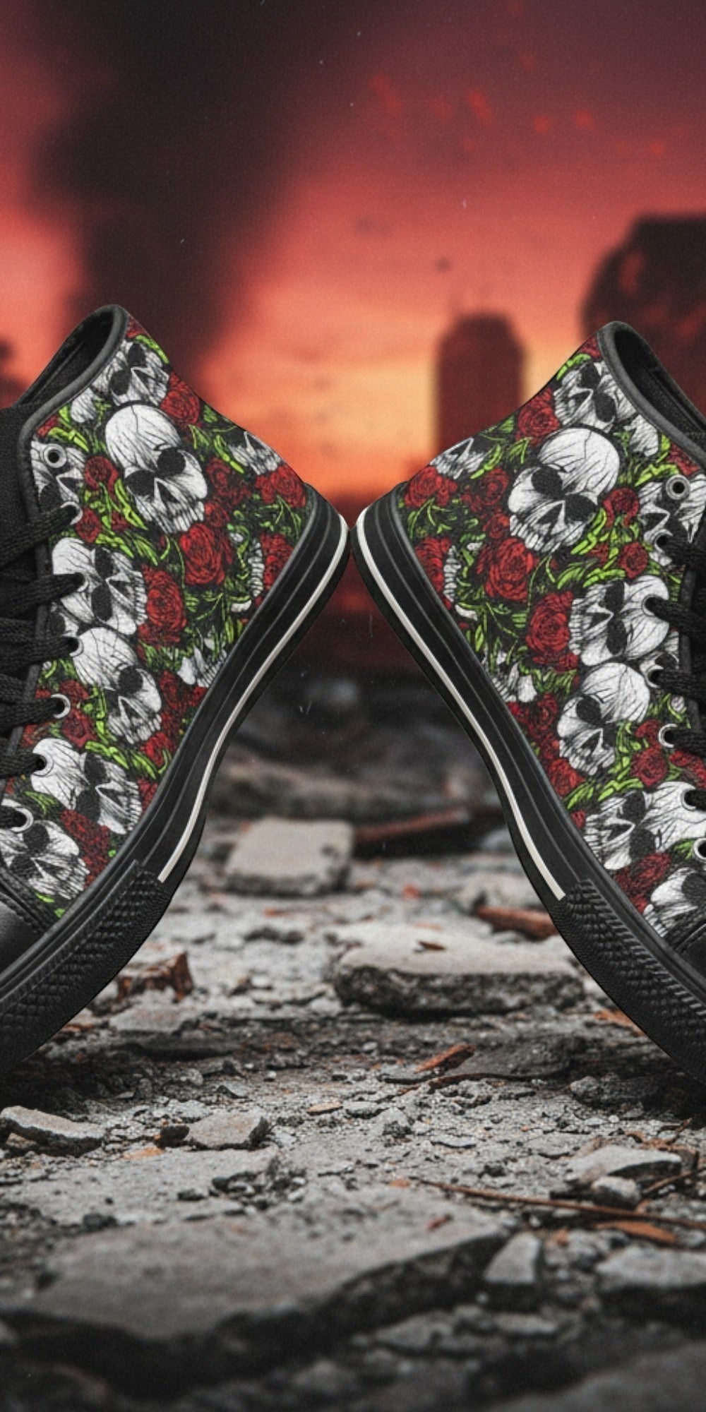 Women's Skulls & Roses high-top canvas shoes — one-of-a-kind custom printed art, Freaky Shoes