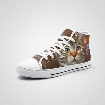 Freaky Shoes® Space Kitten high-top canvas sneakers featuring a brown cat face print and cosmic galaxy details.