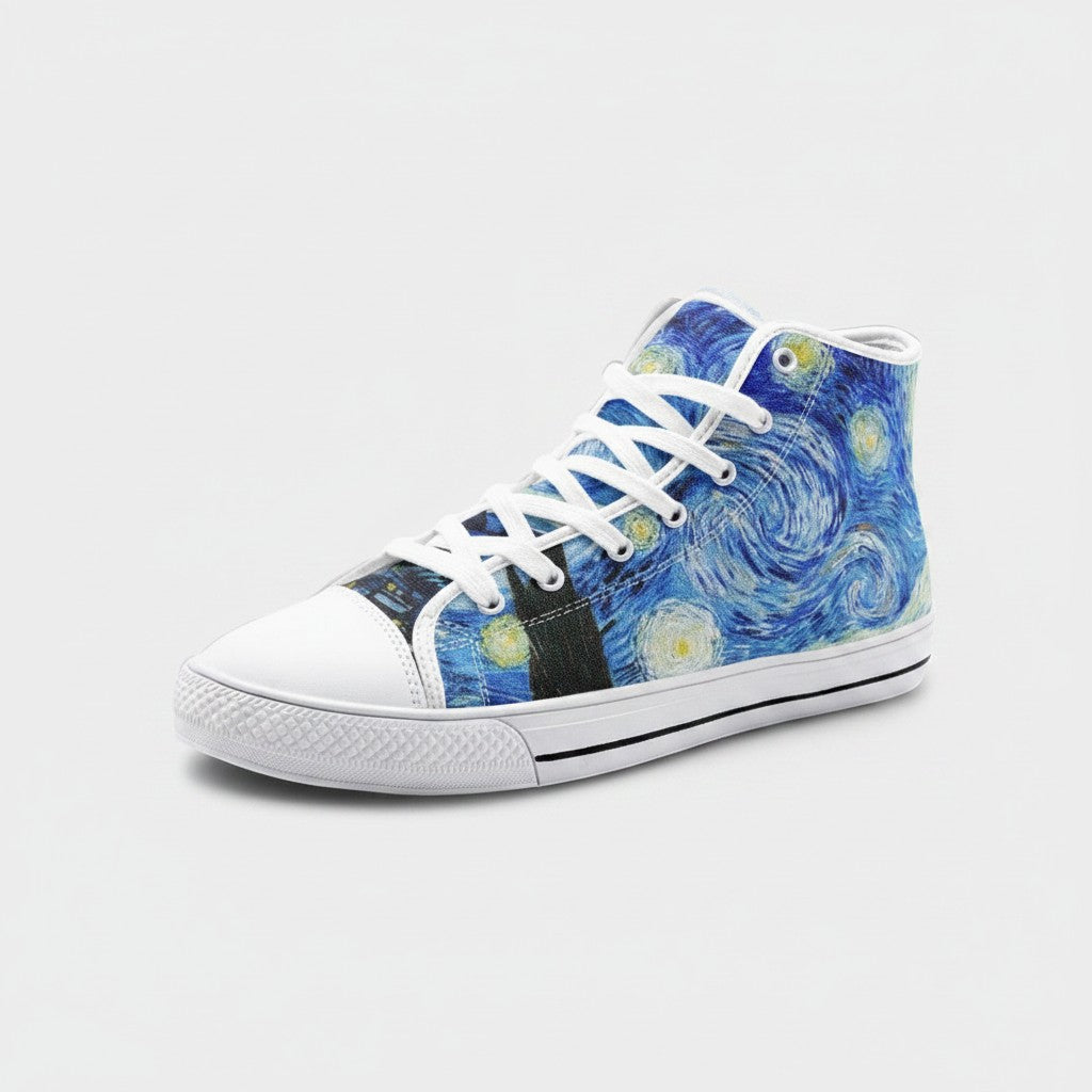 Freaky Shoes® high-top canvas sneakers featuring a blue Starry Night art print, white laces, and rubber toe cap.