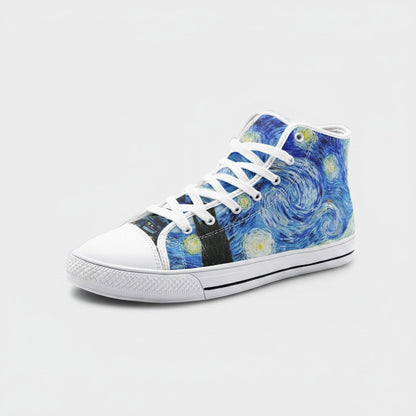 Freaky Shoes® high-top canvas sneakers featuring a blue Starry Night art print, white laces, and rubber toe cap.