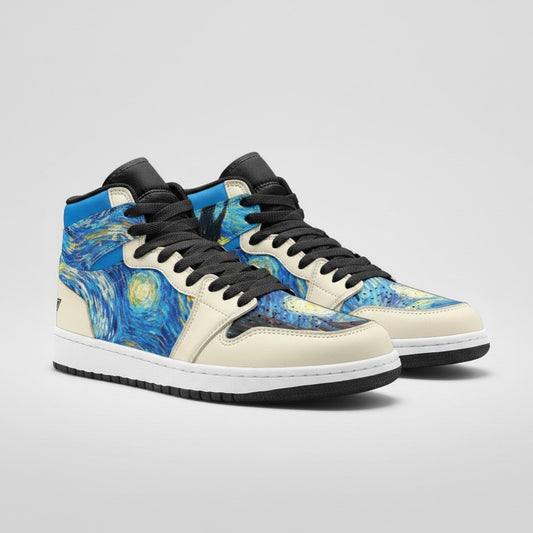Freaky Shoes® Starry Night high-top canvas sneakers featuring blue galaxy-inspired art and cream leather accents.