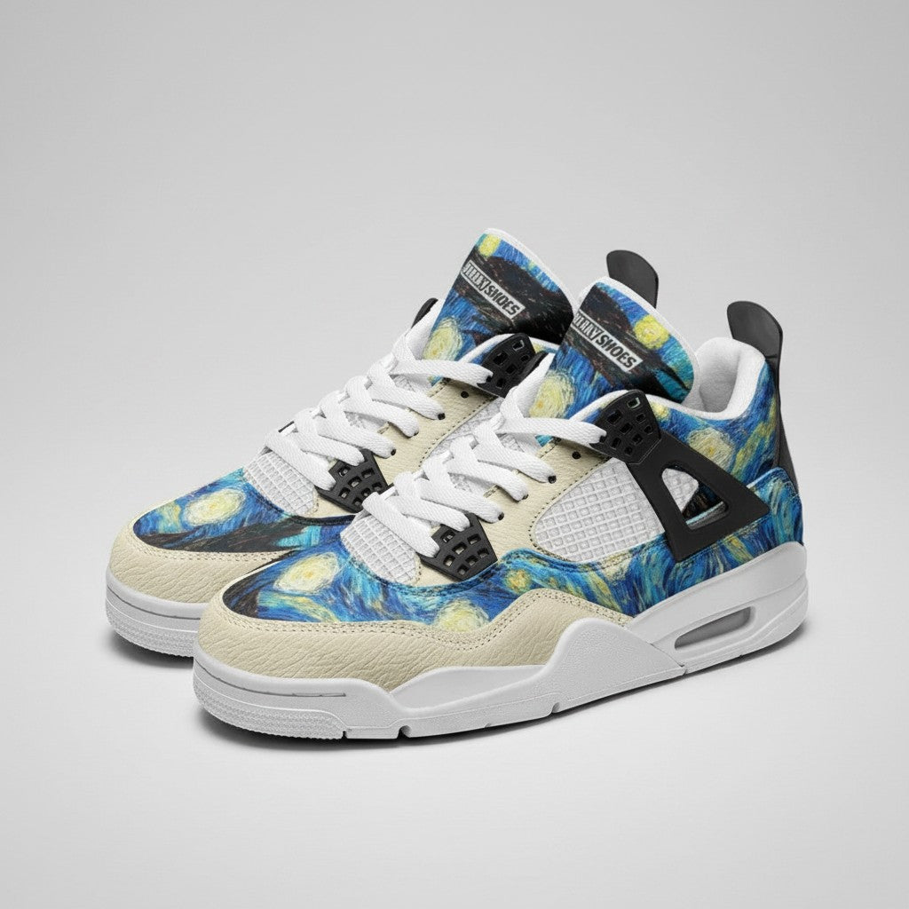 Freaky Shoes® Starry Night canvas high-top sneakers featuring blue galaxy art, white laces, and black structural details.