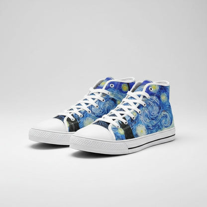 Freaky Shoes® Starry Night high-top canvas sneakers featuring a blue galaxy-inspired art print and white laces.