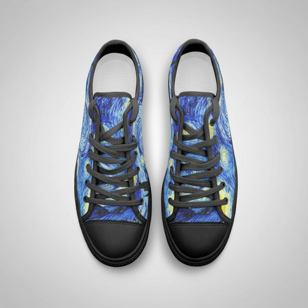 Freaky Shoes® Starry Night art high-top canvas sneakers with blue galaxy print and black lace-up closure