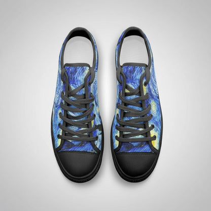Freaky Shoes® Starry Night art high-top canvas sneakers with blue galaxy print and black lace-up closure