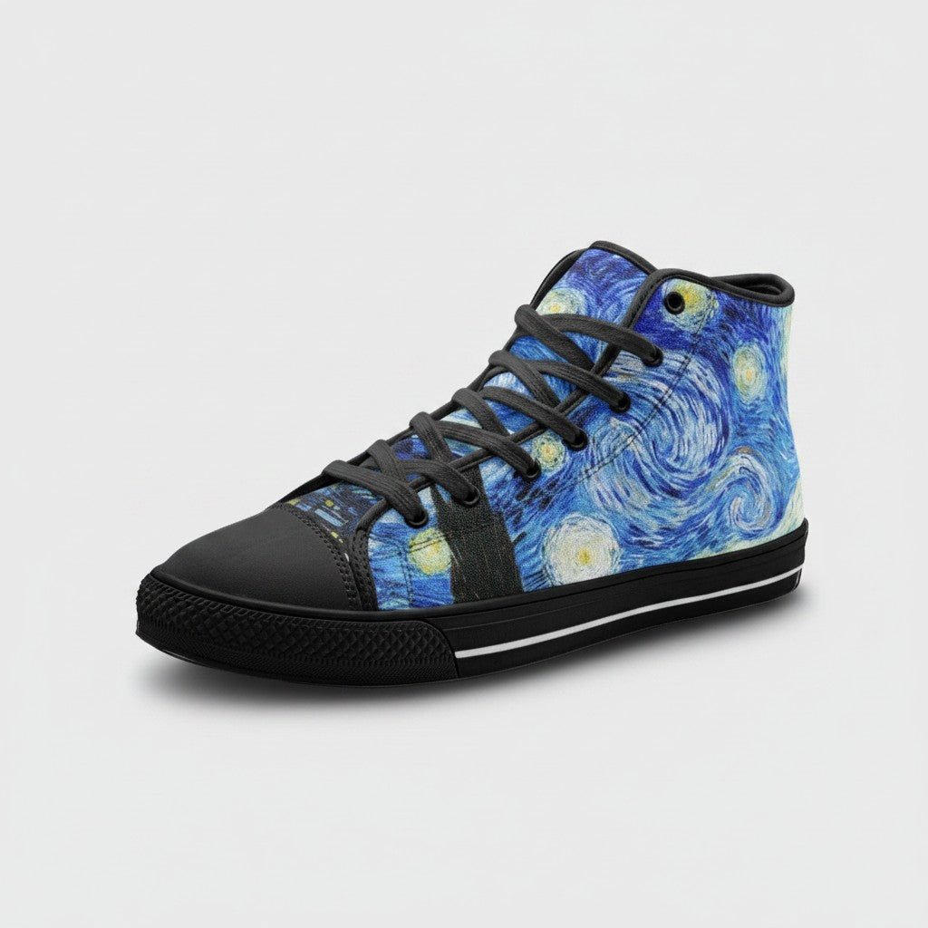 Freaky Shoes® Starry Night art high-top canvas sneakers with blue galaxy print, black laces, and rubber toe cap.