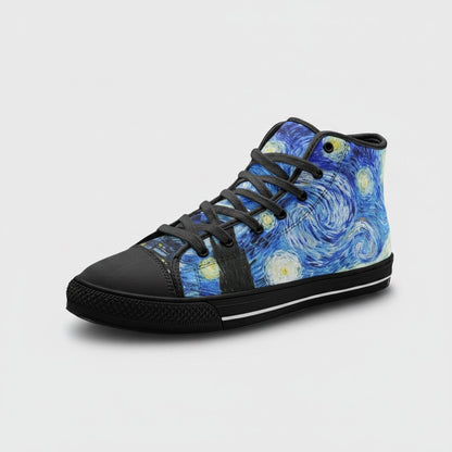 Freaky Shoes® Starry Night art high-top canvas sneakers with blue galaxy print, black laces, and rubber toe cap.