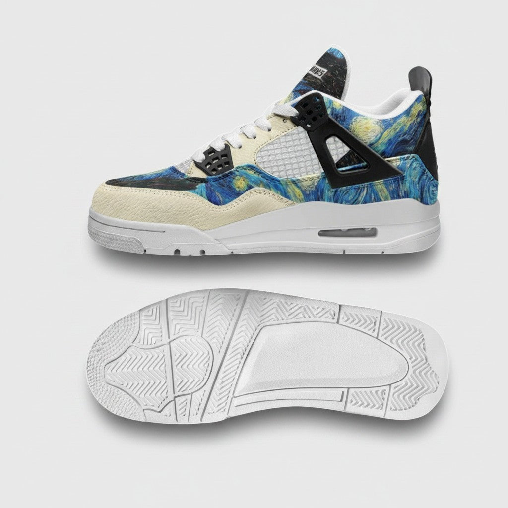 Freaky Shoes® Starry Night canvas high-top sneakers with galaxy art, white rubber sole, and basketball traction pattern.