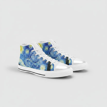 Freaky Shoes® Starry Night high-top canvas sneakers featuring a blue and yellow galaxy art print and white soles.