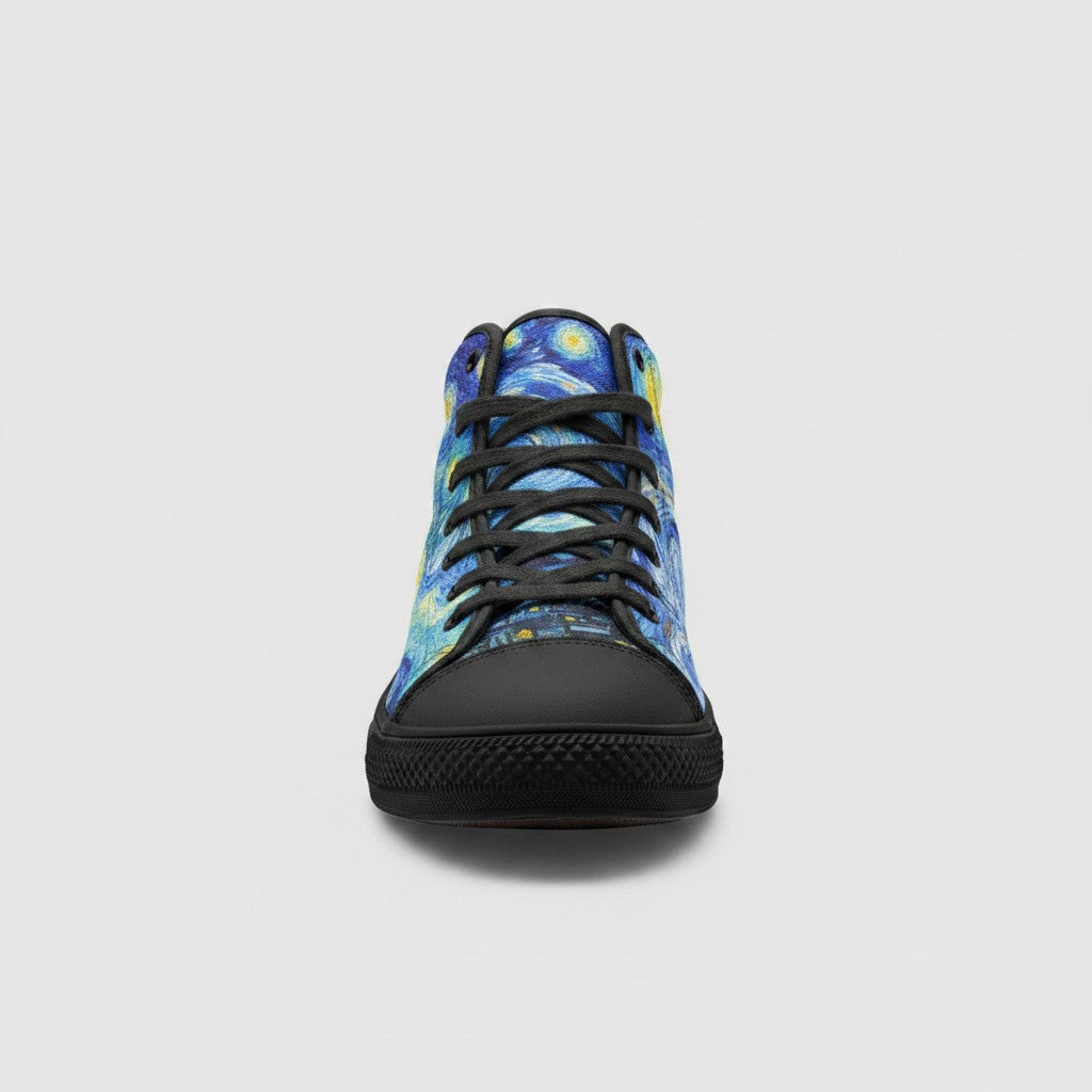 Freaky Shoes® high-top canvas sneakers featuring a blue and yellow Starry Night art print with black laces and toe