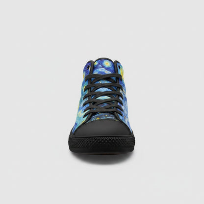 Freaky Shoes® high-top canvas sneakers featuring a blue and yellow Starry Night art print with black laces and toe
