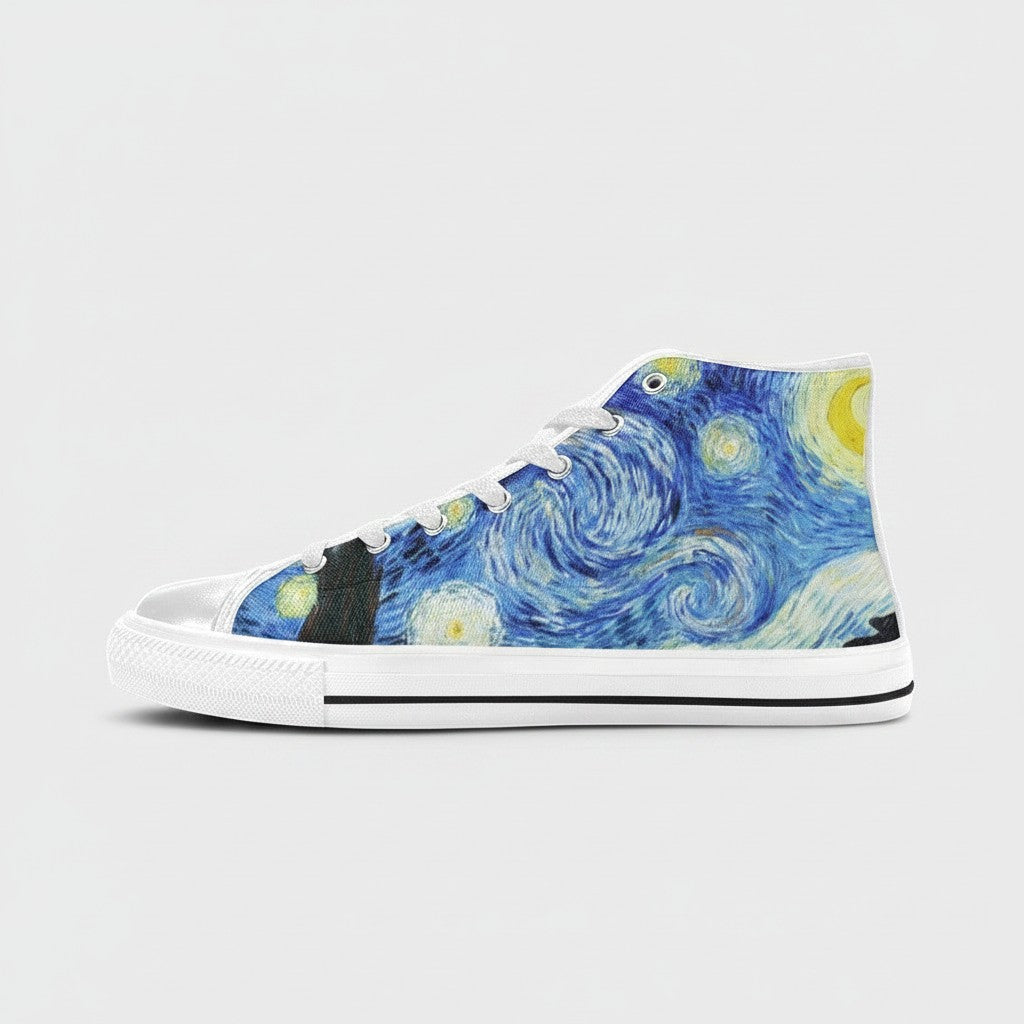 Freaky Shoes® Starry Night high-top canvas sneakers featuring a vibrant blue galaxy art print and white rubber soles.