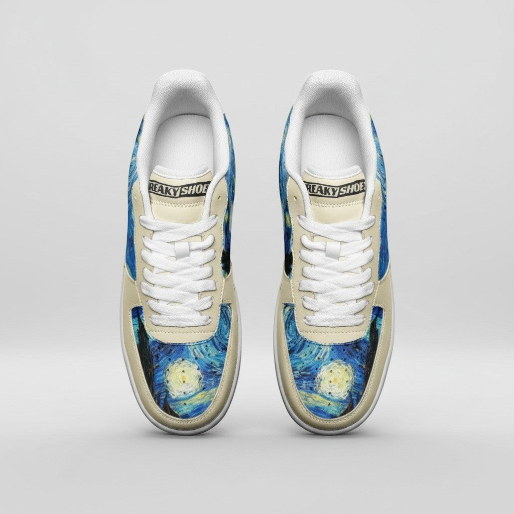 Freaky Shoes® high-top canvas sneakers featuring a Starry Night art print with blue and yellow cosmic galaxy patterns.