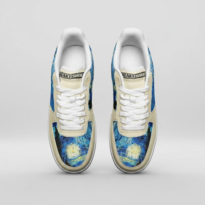 Freaky Shoes® high-top canvas sneakers featuring a Starry Night art print with blue and yellow cosmic galaxy patterns.