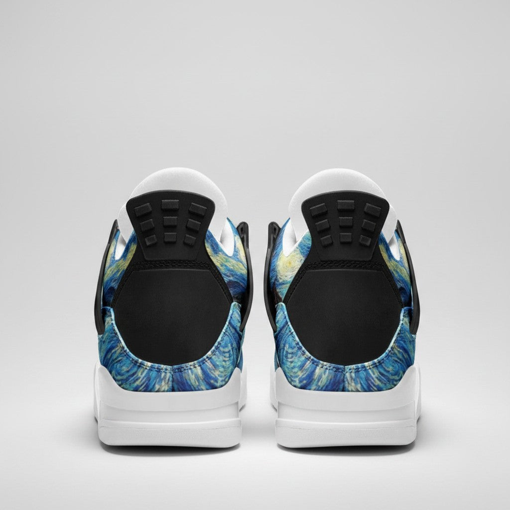 Freaky Shoes® Starry Night canvas high-top sneakers with blue galaxy-inspired art and black heel details, rear view.