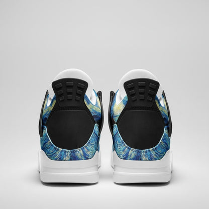 Freaky Shoes® Starry Night canvas high-top sneakers with blue galaxy-inspired art and black heel details, rear view.