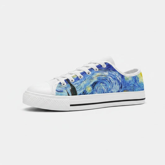 Freaky Shoes® Starry Night low-top canvas sneakers featuring a vibrant blue and yellow Vincent van Gogh art print.