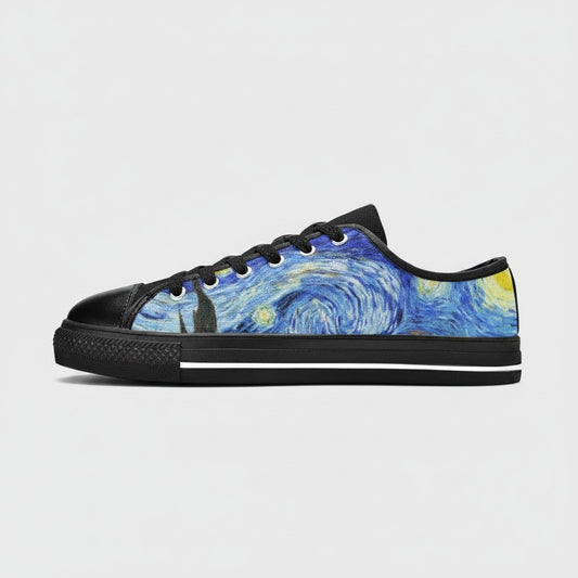 Freaky Shoes® Starry Night low-top canvas sneakers featuring a blue and yellow Van Gogh inspired galaxy print