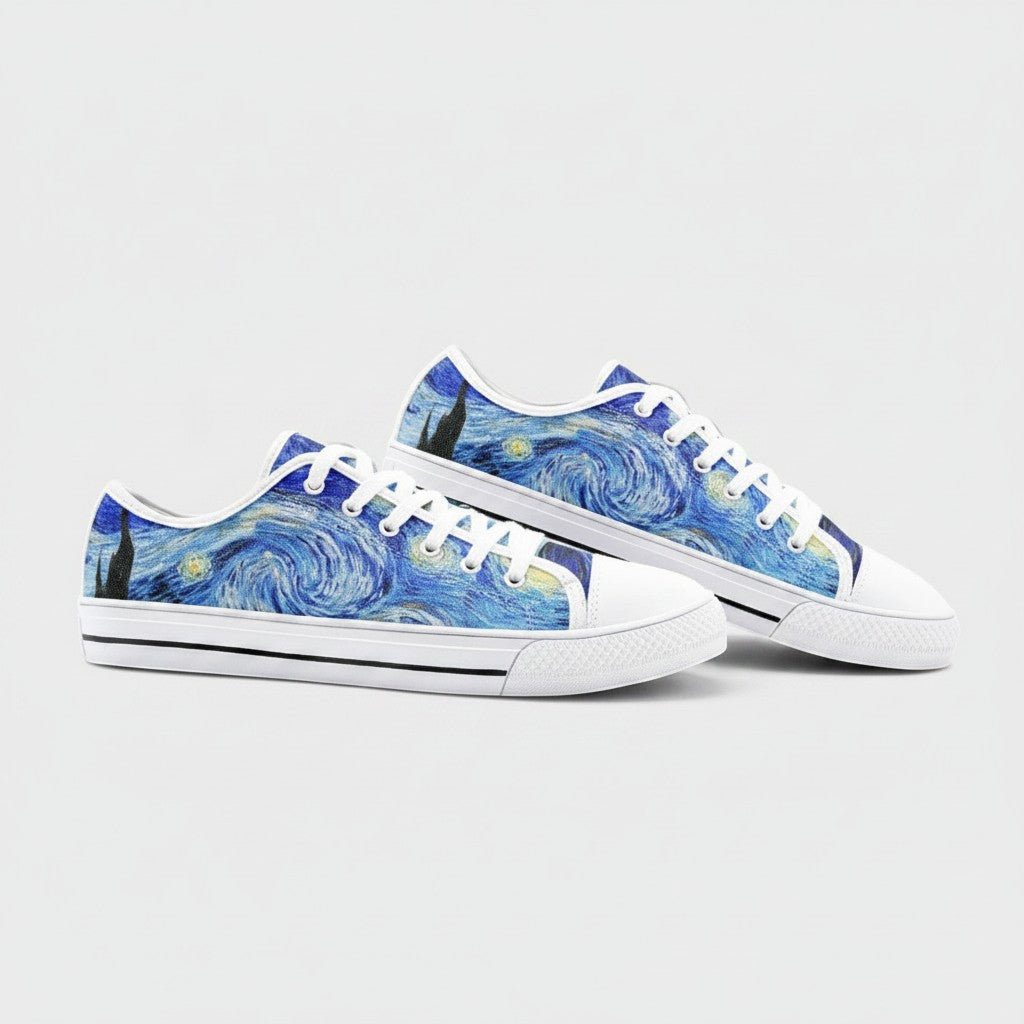 Freaky Shoes® Starry Night art print canvas sneakers with white laces and rubber soles in a low-top design.