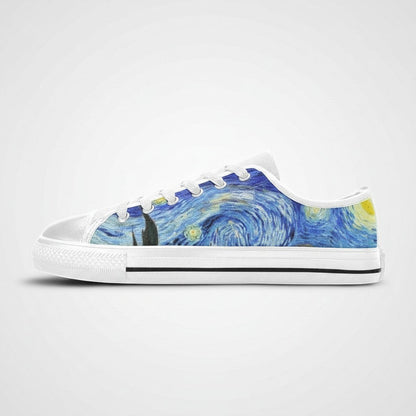 Freaky Shoes® women's low-top canvas sneakers featuring a blue Starry Night art print with white laces and soles.