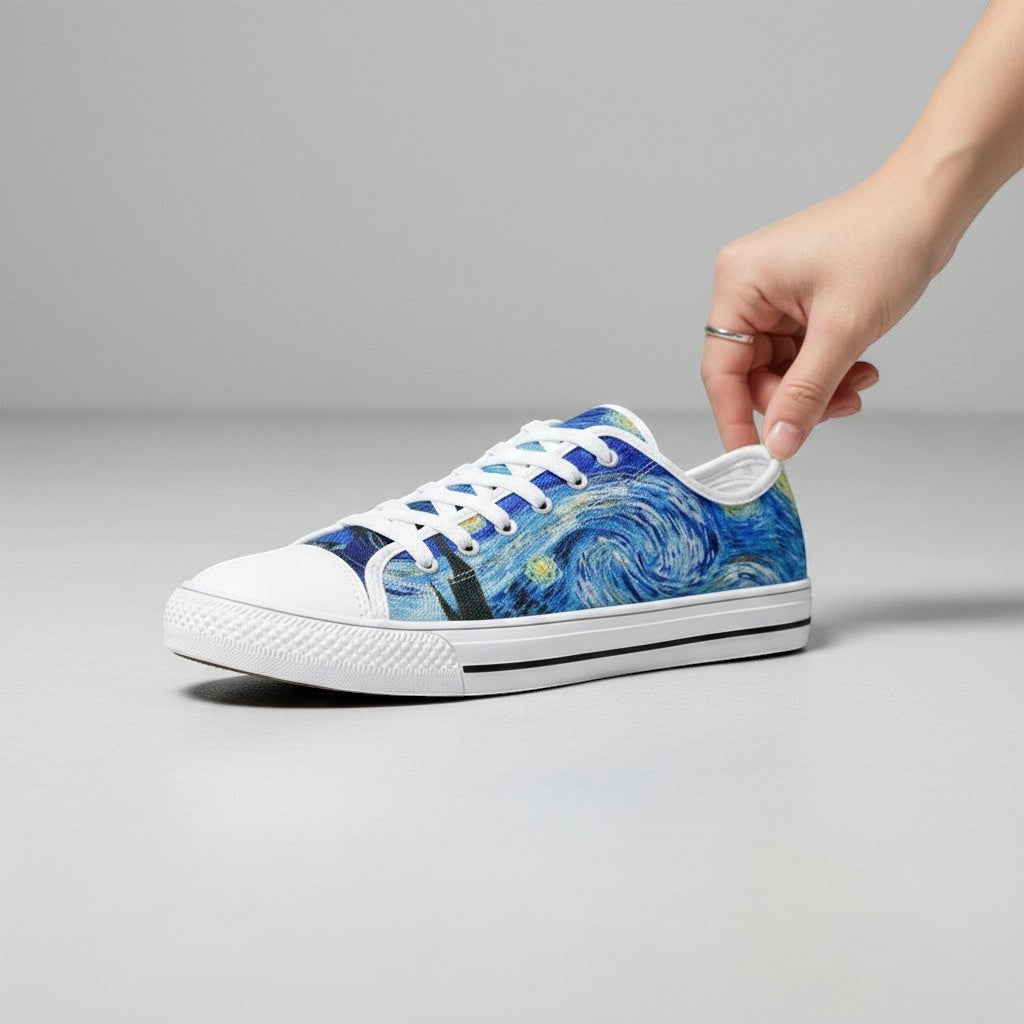 Freaky Shoes® Starry Night canvas sneakers with blue galaxy art print, white laces, and rubber toe cap.