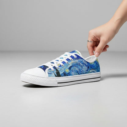 Freaky Shoes® Starry Night canvas sneakers with blue galaxy art print, white laces, and rubber toe cap.