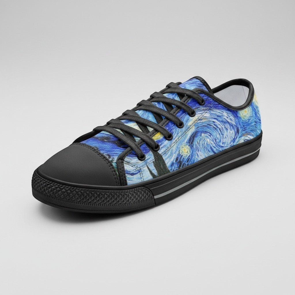 Freaky Shoes® Starry Night art canvas sneakers with black laces and trim, featuring a vibrant galaxy-inspired print.