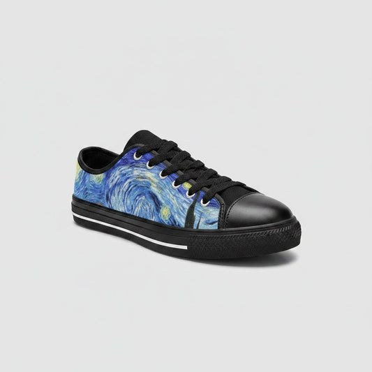 Freaky Shoes® women's low-top canvas sneakers featuring a Van Gogh Starry Night print with black laces and trim.