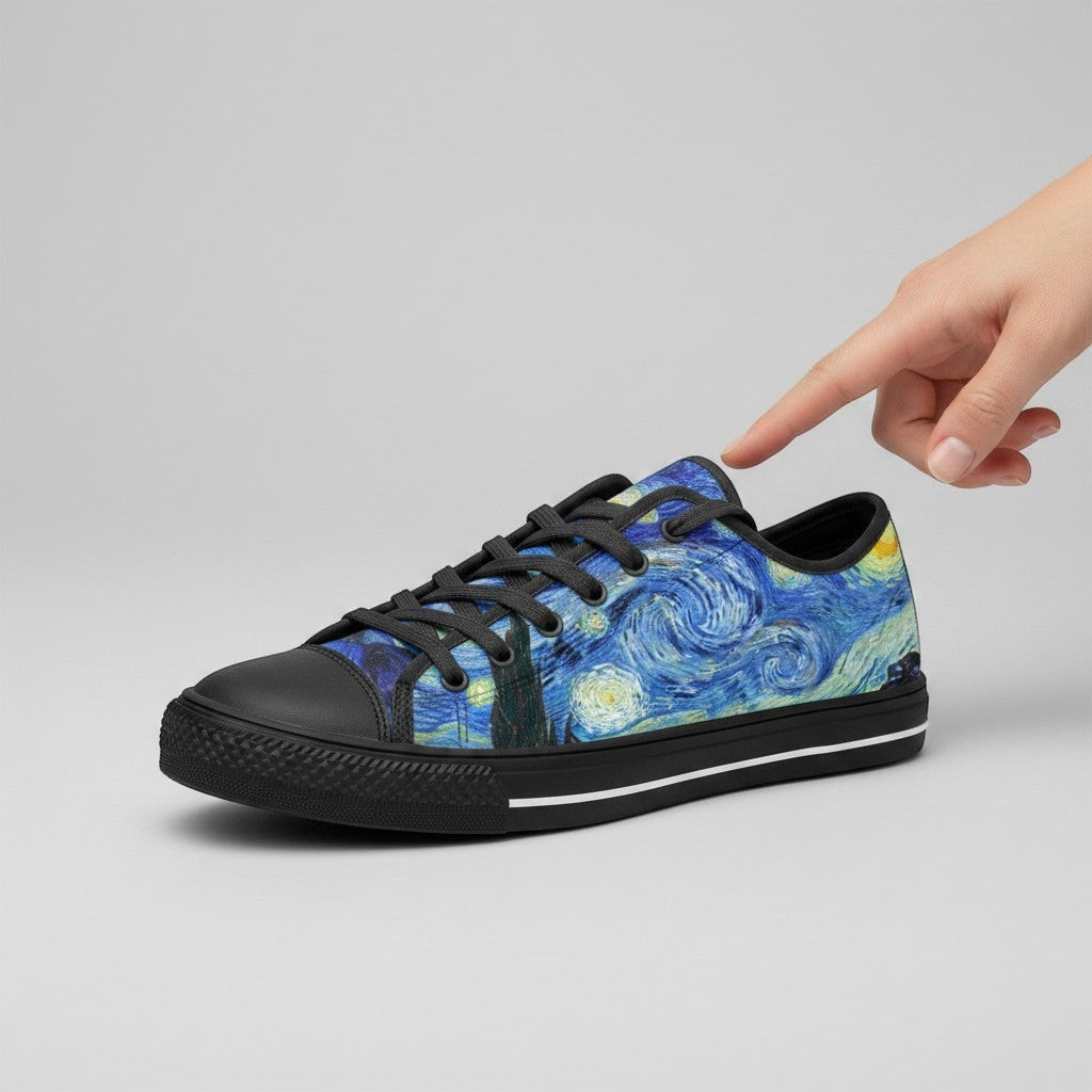 Freaky Shoes® Starry Night canvas high-top sneakers with vibrant blue galaxy art and black lace-up closure.