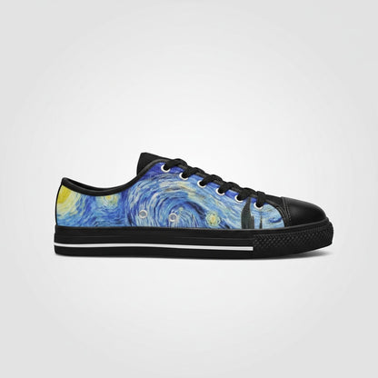 Freaky Shoes® men's low-top canvas sneakers featuring a vibrant Starry Night galaxy print with black trim and laces.