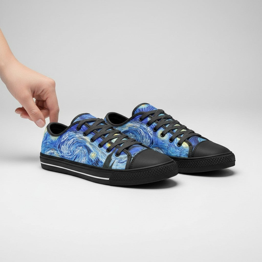 Freaky Shoes® Starry Night art high-top canvas sneakers with blue galaxy print, black laces, and rubber toe caps.