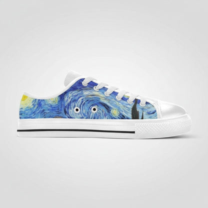 Freaky Shoes® Starry Night low-top canvas sneakers featuring a blue Van Gogh art print and white rubber soles.