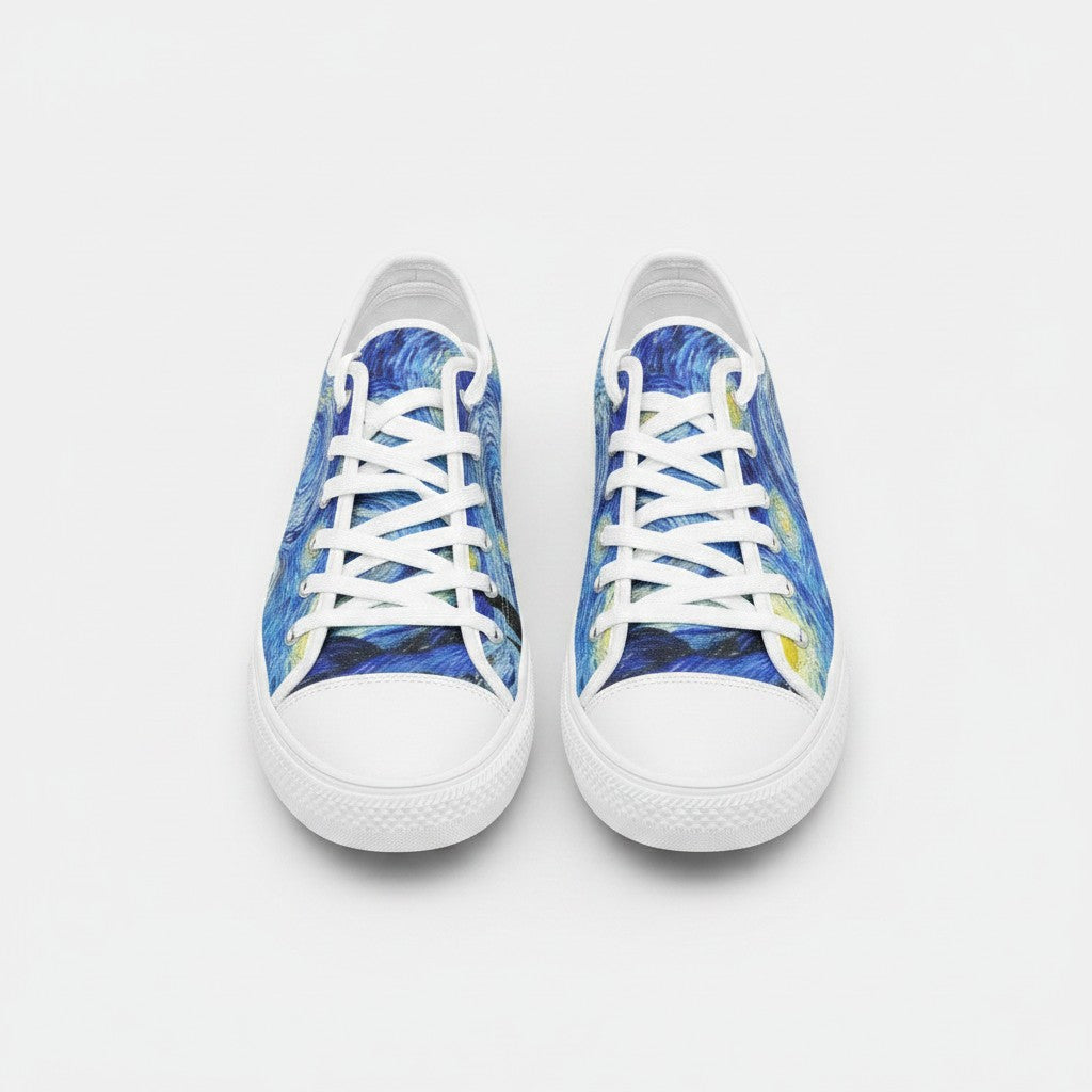 Freaky Shoes® Starry Night art high-top canvas sneakers with blue galaxy print and white laces