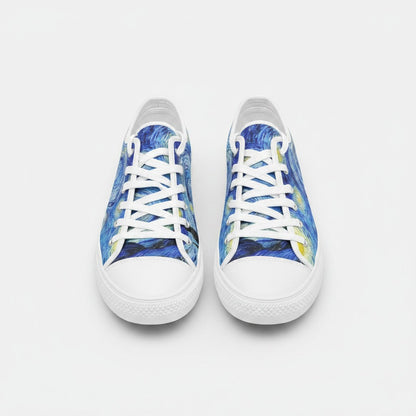 Freaky Shoes® Starry Night art high-top canvas sneakers with blue galaxy print and white laces