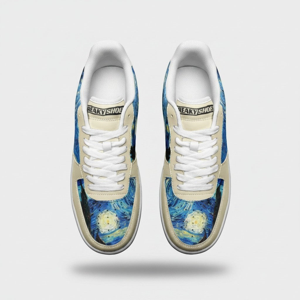 Freaky Shoes® Starry Night art high-top canvas sneakers with cosmic blue and yellow galaxy print and white laces.