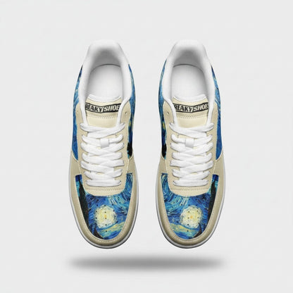 Freaky Shoes® Starry Night art high-top canvas sneakers with cosmic blue and yellow galaxy print and white laces.