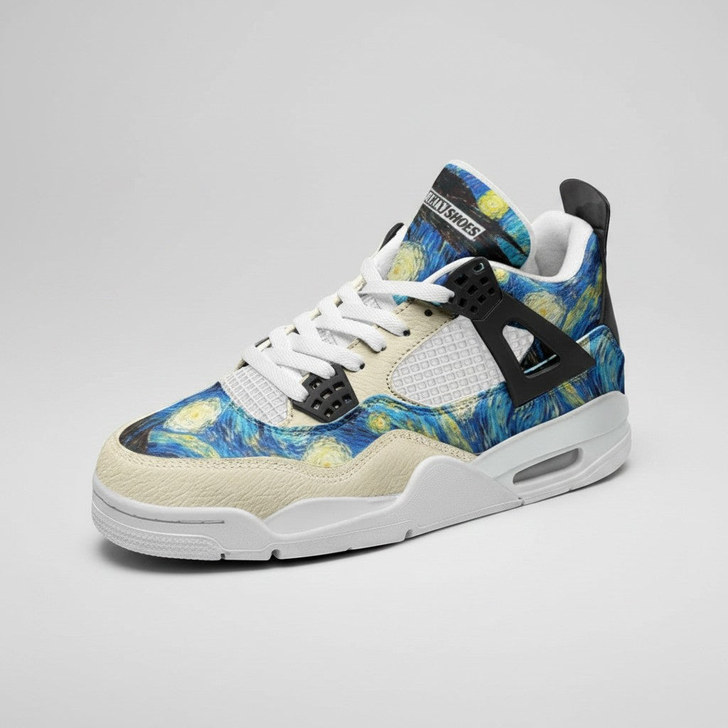 Freaky Shoes® Starry Night high-top canvas sneakers featuring galaxy-inspired art, white laces, and rubber soles.