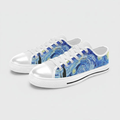 Freaky Shoes® women's canvas sneakers featuring a blue Starry Night art print with white laces and rubber soles.